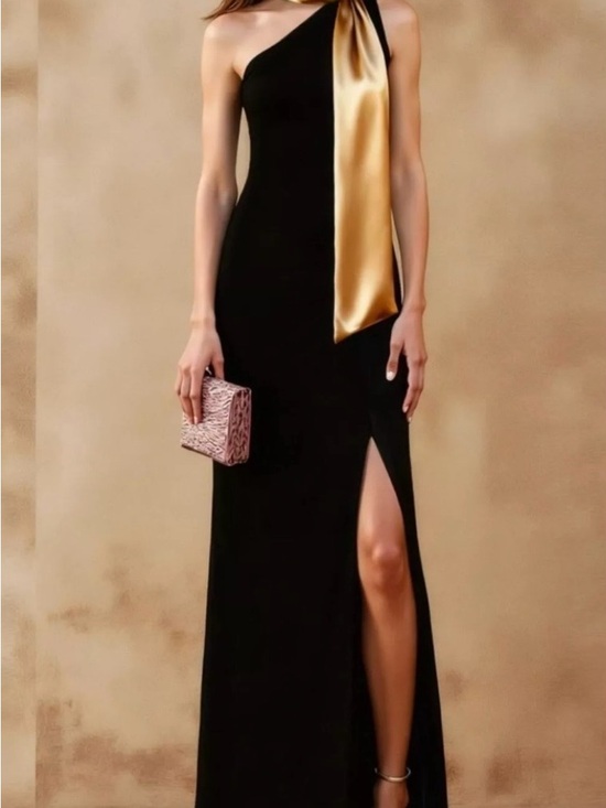 One-Shoulder Black Evening Gown with Gold Scarf. Plus Size Available - Picture 4 of 5